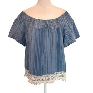 Abercrombie & Fitch Blouse Size M Blue White Off the Shoulder Striped Fringe